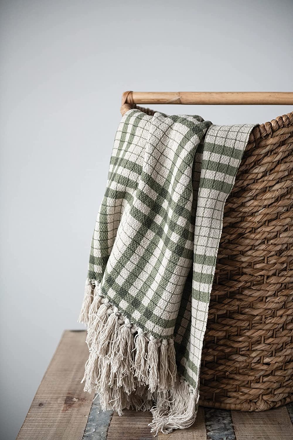Recycled Cotton Printed Plaid Throw Blanket, Green - Image 1