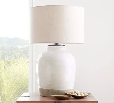 Miller Small Table Lamp, 18" H Ivory Base with Medium Textured Straight Sided Shade, Sand - Image 1