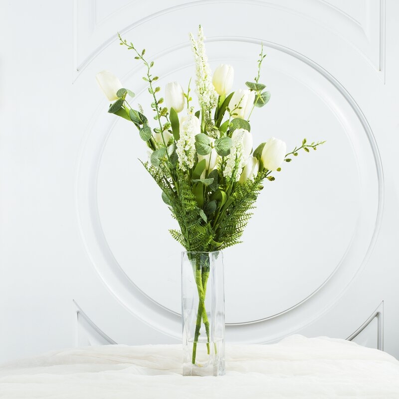 Mixed Silk Tulip Floral Arrangements and Centerpieces in Glass Vase - Image 0
