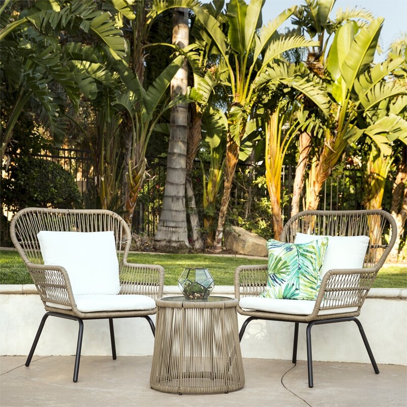 Strine 3-Piece Patio Wicker Conversation Bistro Set W/ 2 Chairs, Glass Top Side Table, Cushions - Image 1