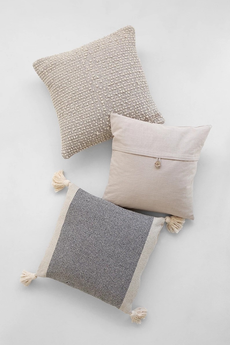 Square Grey & Cream Cotton Blend Pillow with Corner Tassels - Image 1