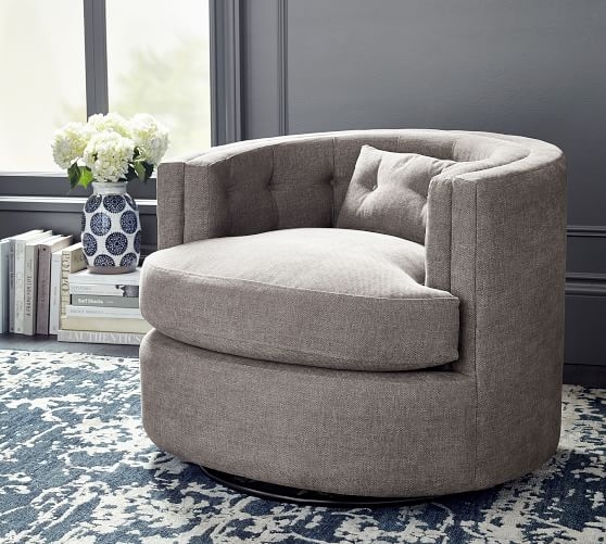 Reed Upholstered Swivel Armchair, Down Blend Wrapped Cushions, Performance Heathered Tweed Pebble - Image 2