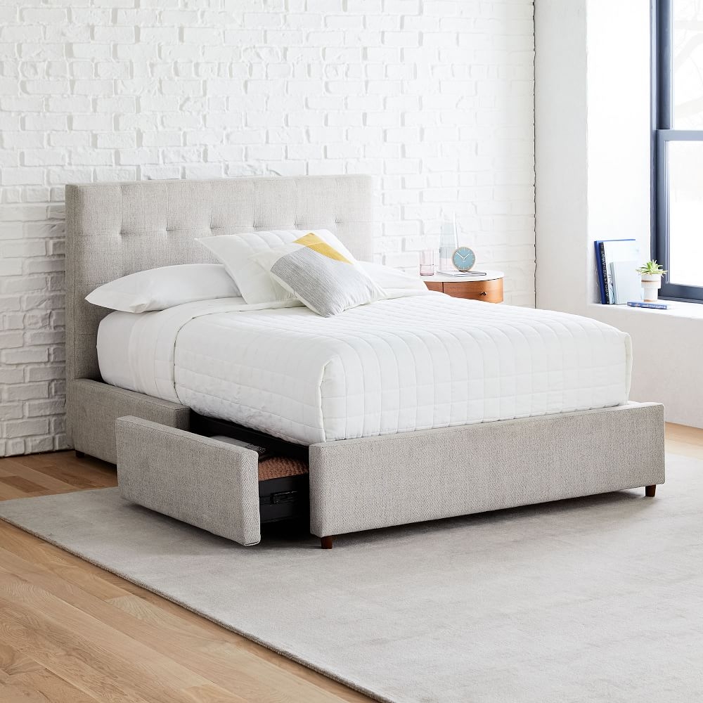Grid-Tufed Storage Bed, Queen, Twill, Dove - Image 1