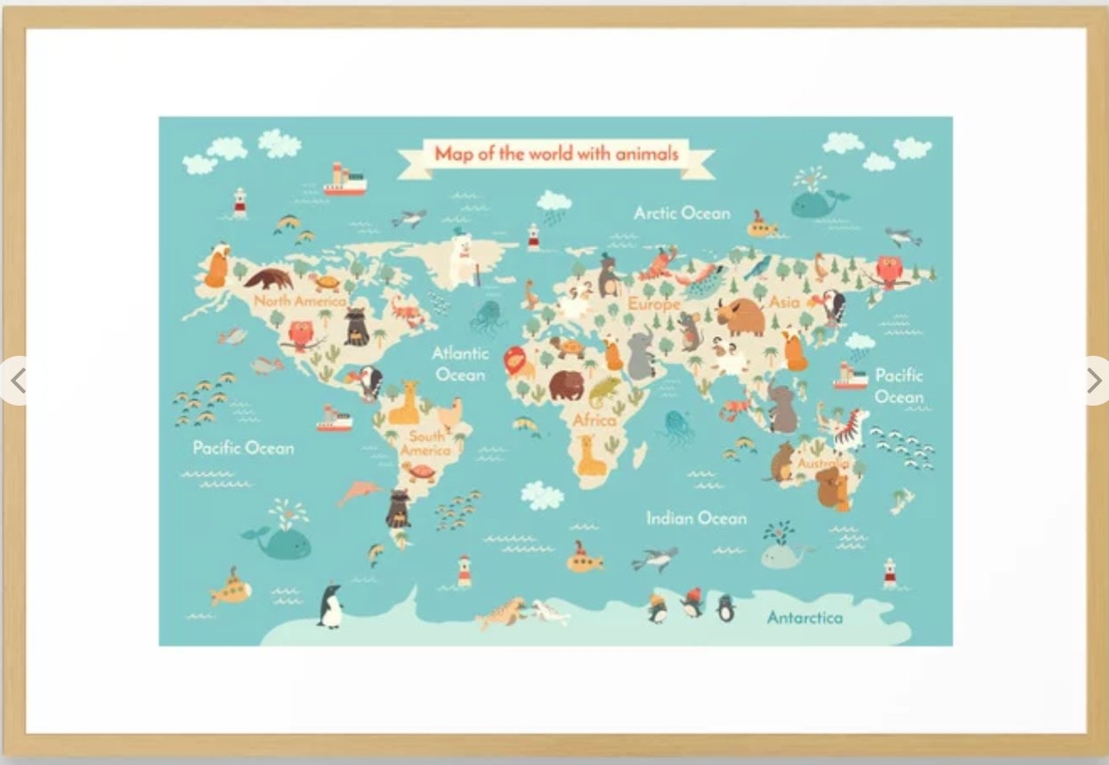 Animals world map for kid Framed Art Print - Image 0