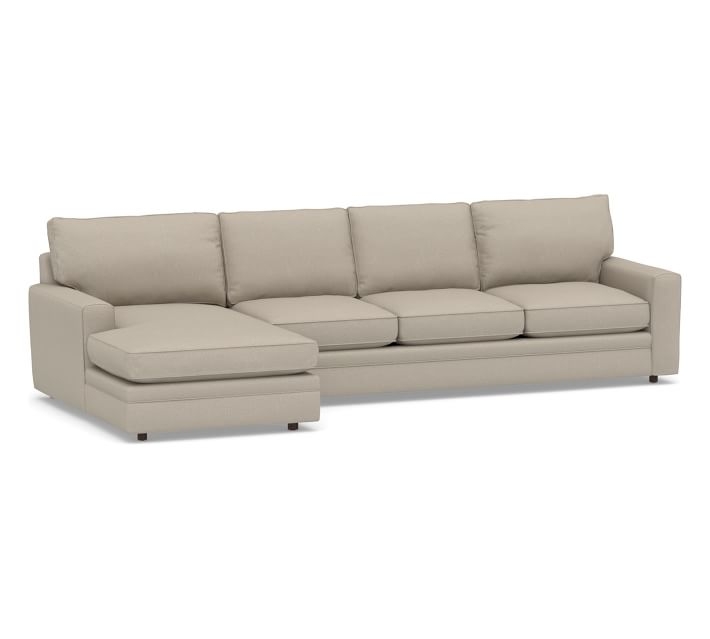 Pearce Square Arm Upholstered Right Arm Sofa with Double Wide Chaise Sectional, Down Blend Wrapped Cushions, Performance Brushed Basketweave Sand - Image 0