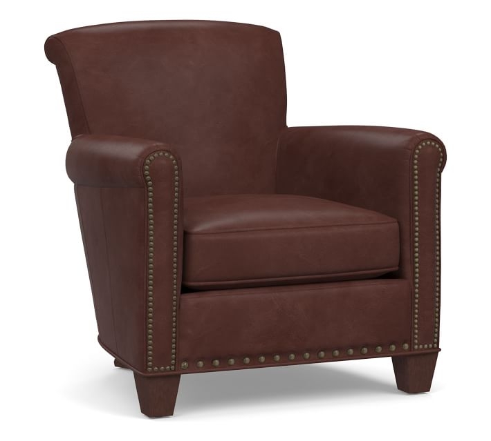 Irving Roll Arm Leather Armchair, Bronze Nailheads, Polyester Wrapped Cushions, Leather Signature Whiskey - Image 0