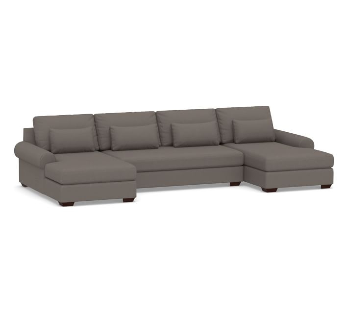 Big Sur Roll Arm Upholstered Deep Seat U-Chaise Sofa Sectional with Bench Cushion, Down Blend Wrapped Cushions, Performance Heathered Tweed Graphite - Image 0