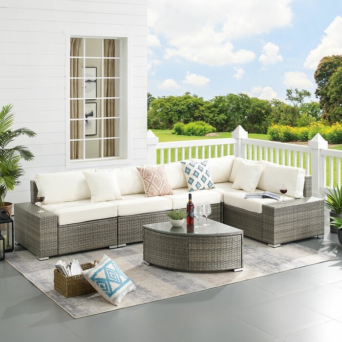 Aaleeya 6 Piece Rattan Sectional Seating Group with Cushions / Frame color: Gray/ Seats: Beige - Image 0