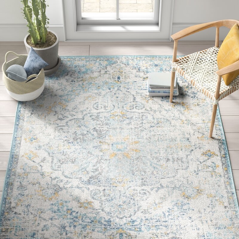 Hillsby Oriental Ivory Cream/Teal/Yellow Area Rug - Image 4