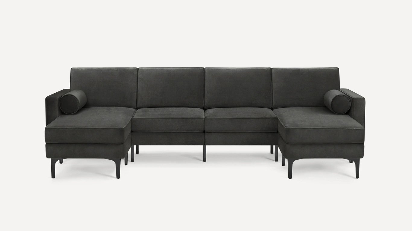 Nomad Velvet King Sofa with Double Chaise, Graphite Gray, Black Metal Legs and Bolster Pillows - Image 0