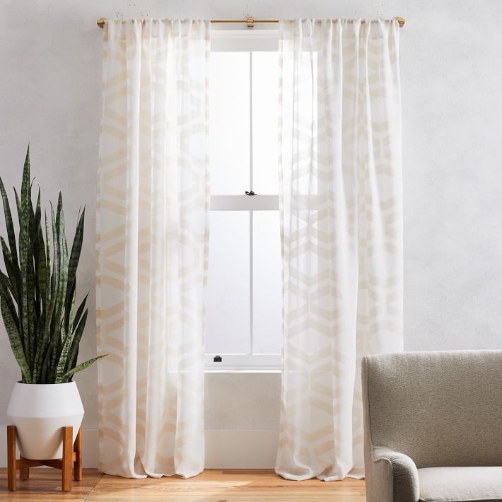 Sheer Clipped Jacquard Geo Curtain, Ivory, 48"x84" - Image 0