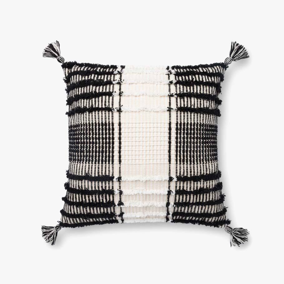 Striped Tassel Throw Pillow with Polyfill, Black & White, 18" x 18" - Image 0