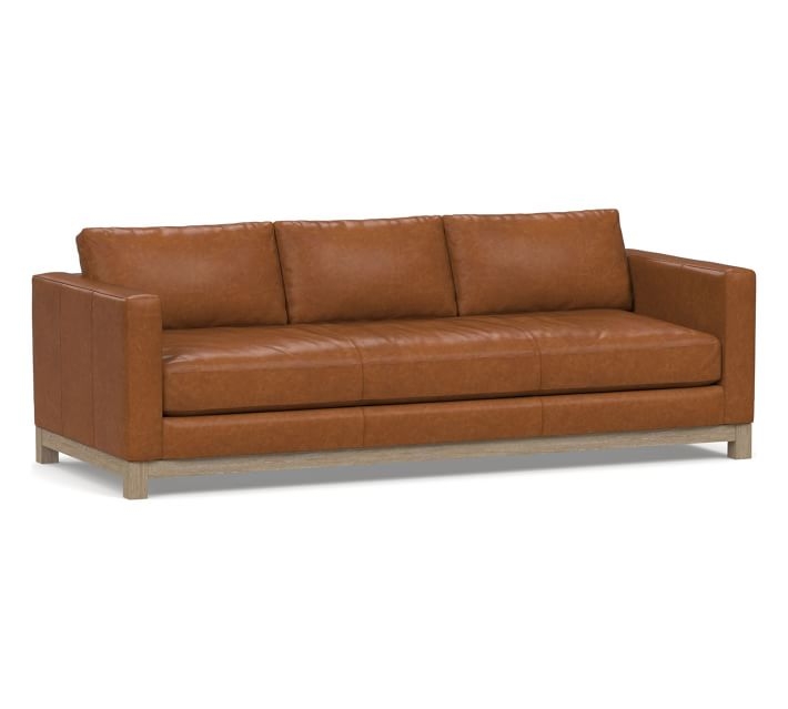 Jake Leather Sofa 85.5" with Wood Legs, Polyester Wrapped Cushions, Statesville Caramel - Image 0
