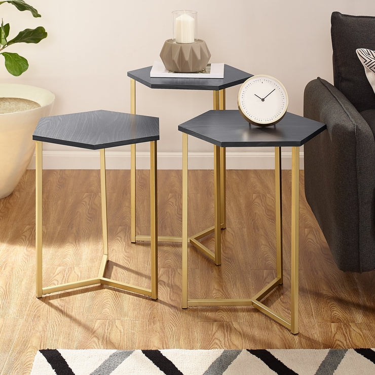 Hexagon Modern Wood Nesting Tables, Set of 3 - Dark Walnut/Gold  - Image 1