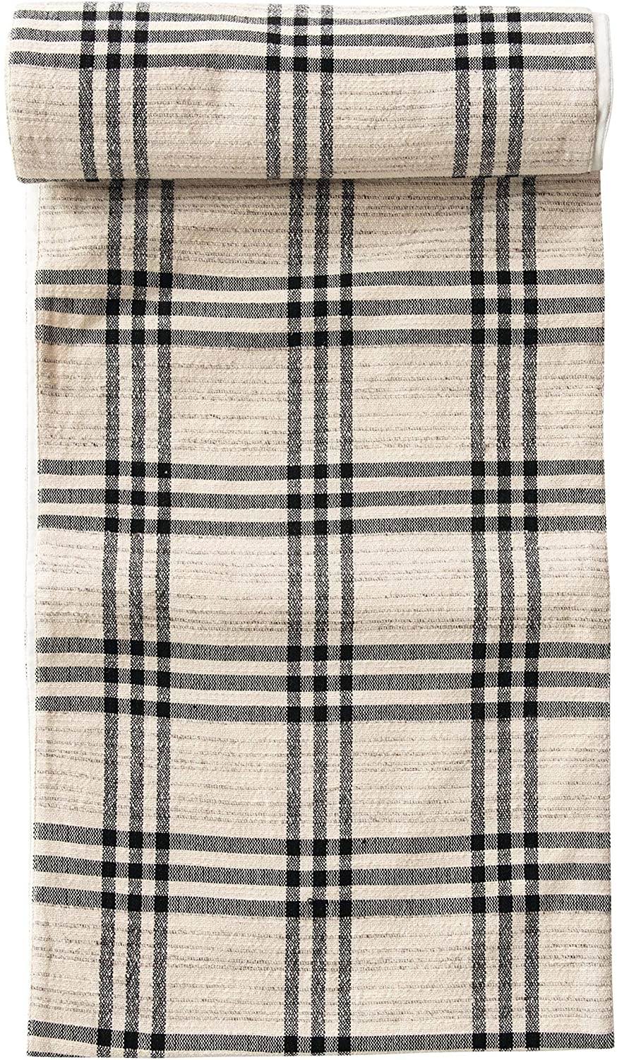 Black Plaid Woven Cotton and Wool Table Runner - Image 2
