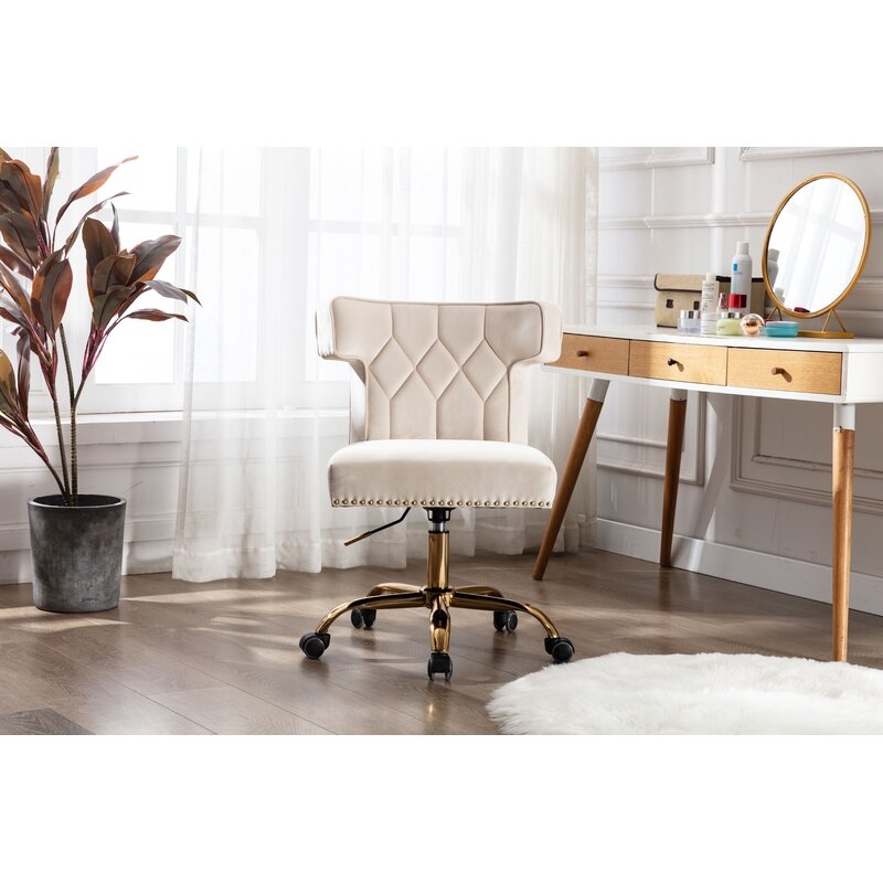 Elegant Desk Chair, Modern Velve Home Office Desk Chair With Wingback, Height Adjustable Comfy Upholstered Leisure Task Chair For Living Room/Bed Room,Gold Base Beige - Image 1