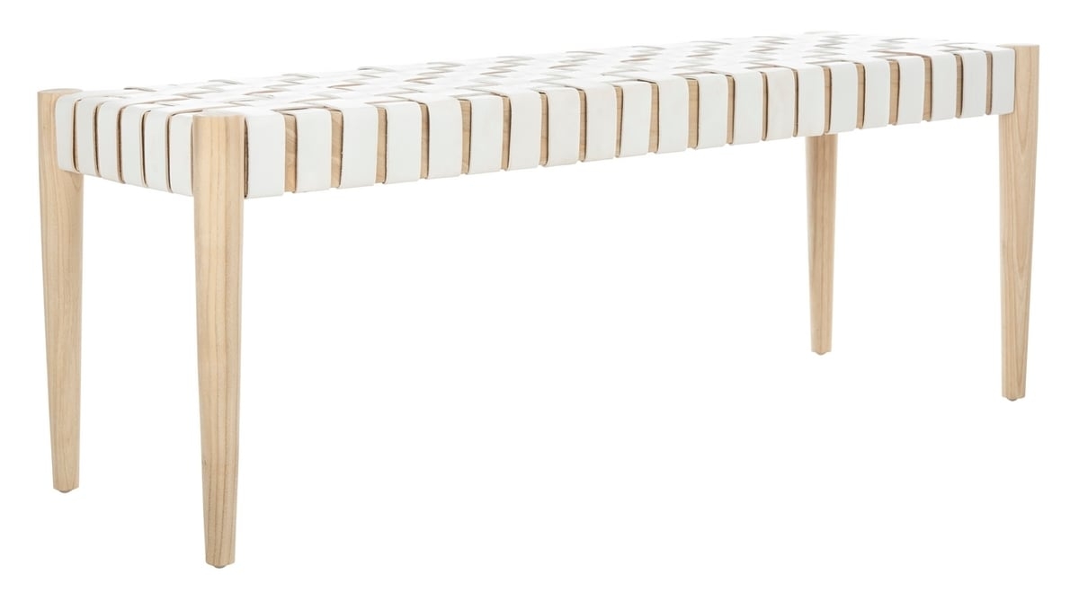Amalia Leather Weave Bench, White & Natural - Image 1