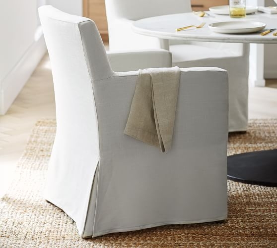 Classic Long Slipcovered Dining Armchair, Gray Wash Frame, Twill White - Image 1