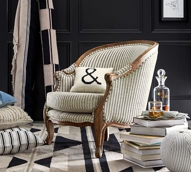 The Emily &amp; Merritt Bergere Upholstered Armchair, Polyester Wrapped Cushions, Vintage Stripe Black/Ivory - Image 1