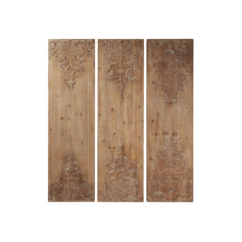 3 Piece Hand-Carved Natural Wood Panels with Antique and Acanthus Carvings Wall Décor Set - Image 0