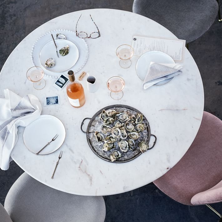 Restaurant Table:Top 30" Round:White Carrera Marble + Dining Ht Orbit Base: Bronze/Brass - Image 1