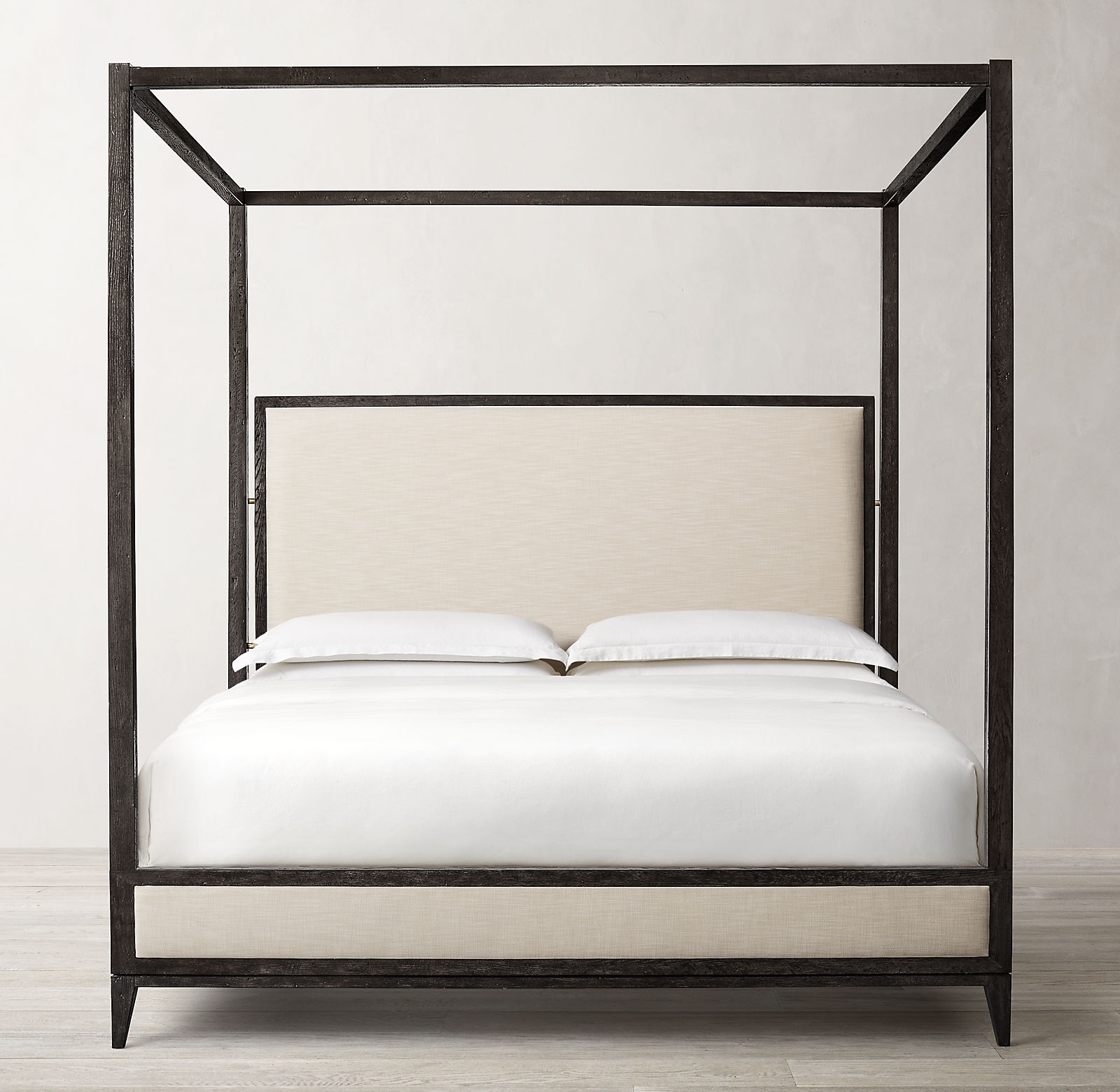 CAYDEN CAMPAIGN CANOPY FABRIC BED - 90"H bed shown in Sand Belgian Linen with Waxed Black Oak finish. - Image 0