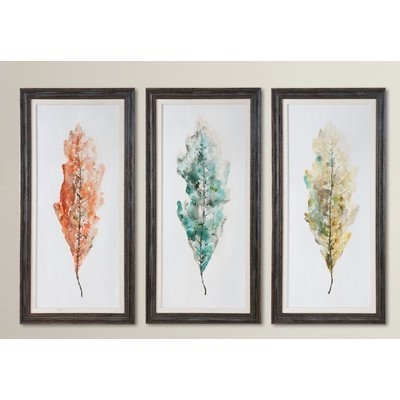 Tricolor Leaves Abstract Art 3 Piece Framed Painting Set - Image 1
