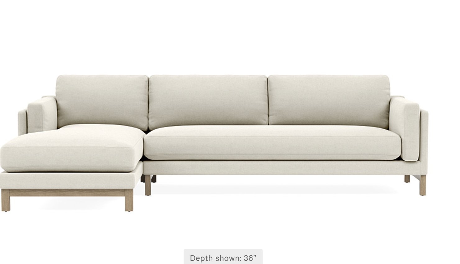 Gaby 3 piece Left Bumper Sectional with White Chalk Fabric, down alternative cushions, and White Wash Oak single rail legs - Image 1