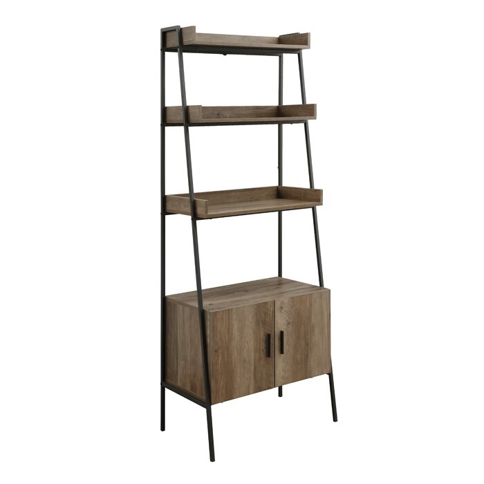 Rectangular Leaning-ladder Bookshelf With Metal Open Frame In Rustic Oak And Black Finish - Image 3