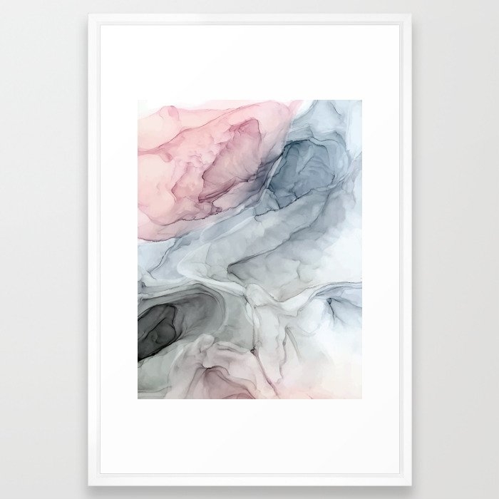 Pastel Blush, Grey and Blue Ink Clouds Painting Framed Art Print // 26x38 - Image 0