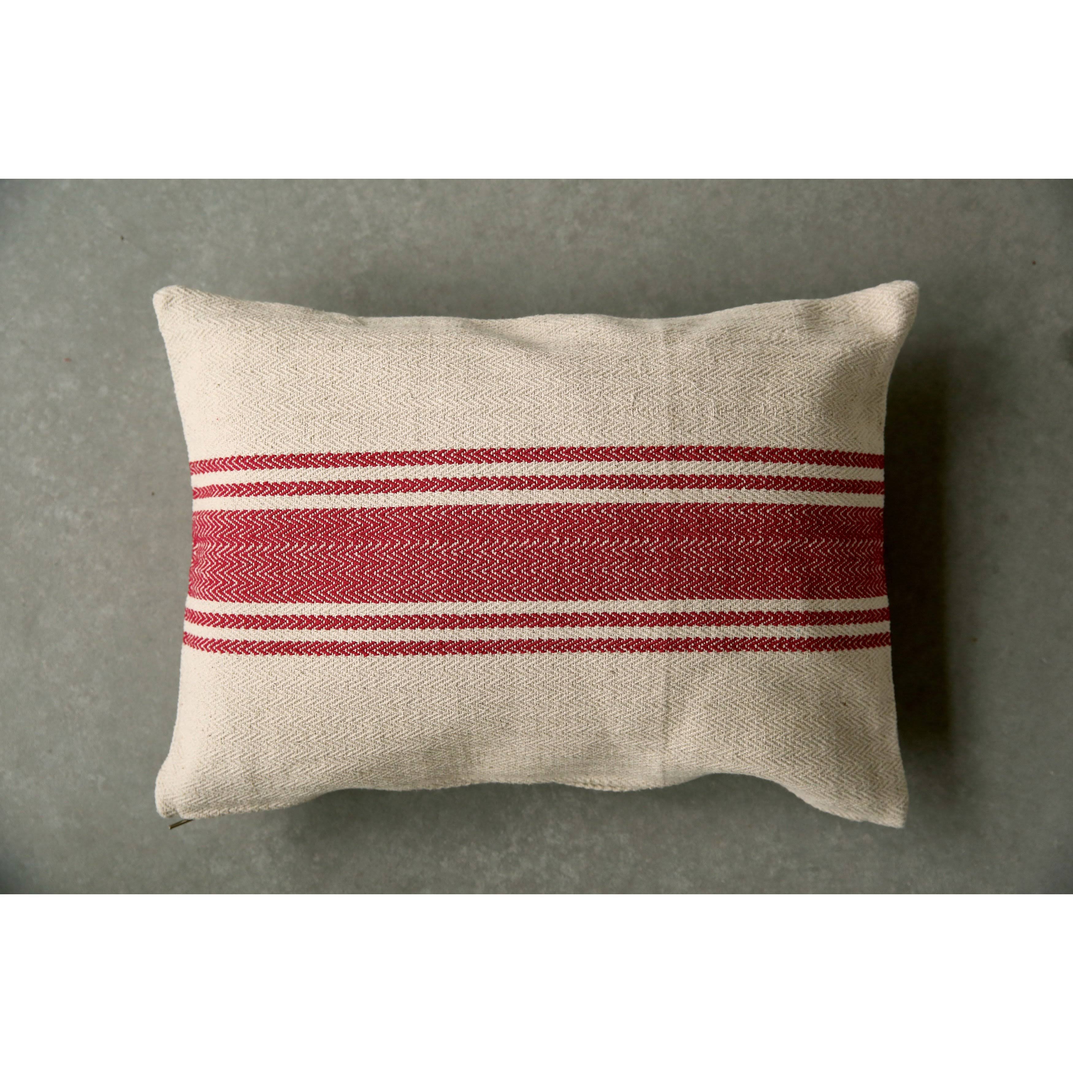 Cream Cotton Canvas Pillow with Red Stripes - Image 1