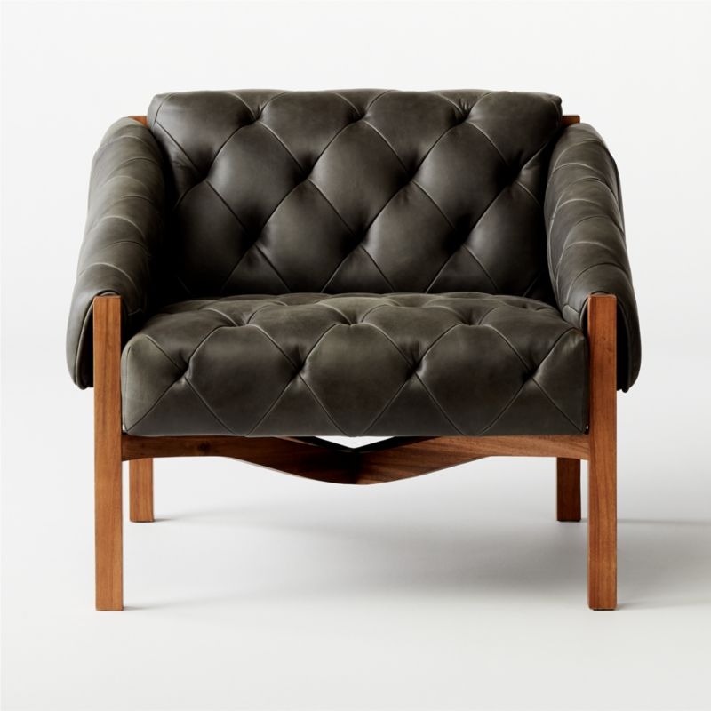 Abruzzo Black Leather Tufted Chair with Brown Legs - Image 2