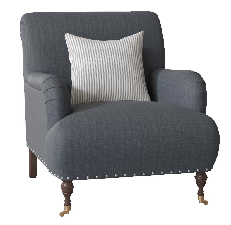 CUSTOM: Shephard 22" Armchair chair fabric: Fandango Indigo, Pillow fabric: Cruise Adrift, Leg: Black Walnut Brass - Image 0