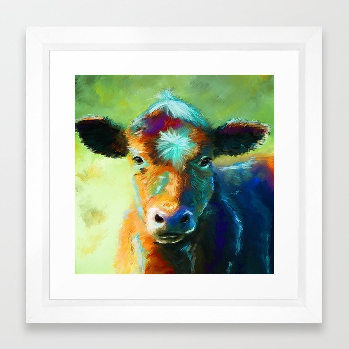 Rainbow Calf Abstract Cow painting Framed Art Print - 12"x12", vector white - Image 0