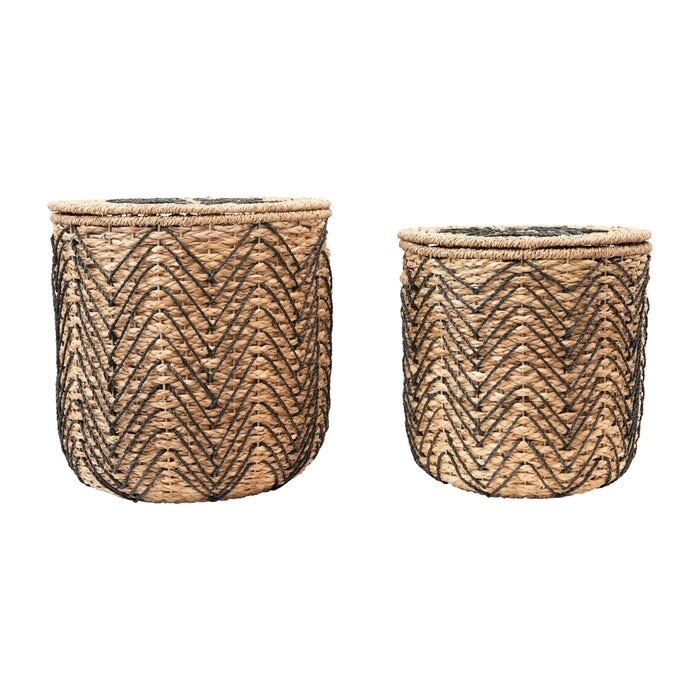 Handmade Woven Bankuan Baskets With Lids, Natural & Black, Set Of 2 - Image 1