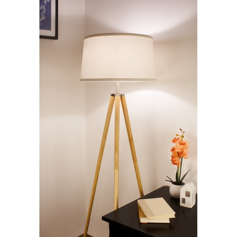 Mcconkey 60.5 Mid Century Modern Tripod LED Floor Lamp + Energy Efficient 10.5W Bulb, White Fabric Shade, Pine Style Wood Finish - Image 2