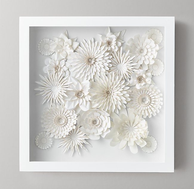 HAND-FOLDED PAPER FLOWER ART SMALL -White - 18" sq., 2"D - White Frame - Image 0