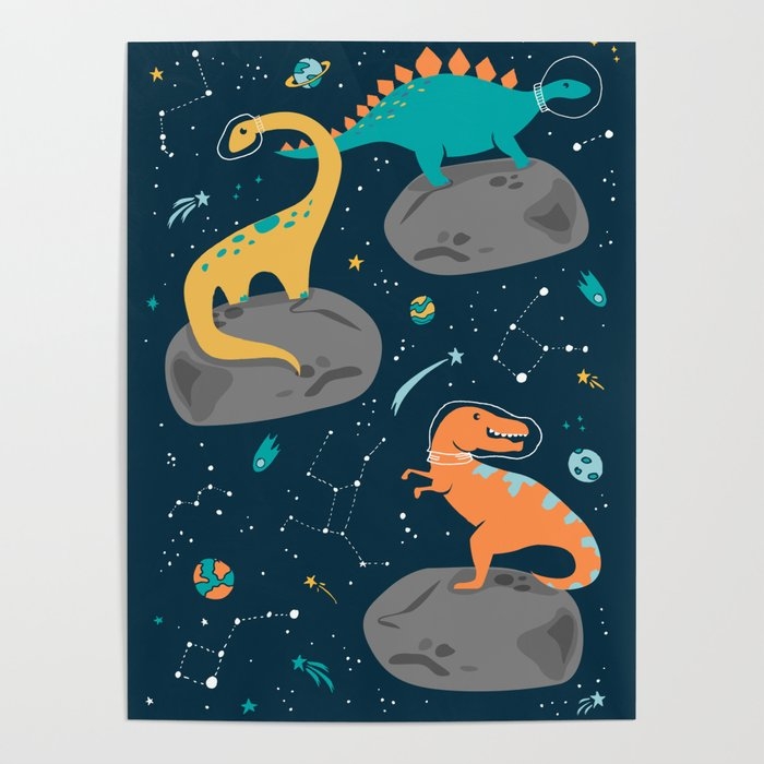 Dinosaurs Floating on an Asteroid Poster - Image 0