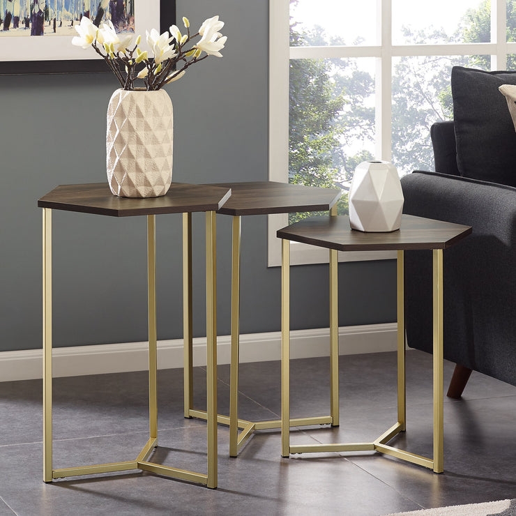 Hexagon Modern Wood Nesting Tables, Set of 3 - Dark Walnut/Gold  - Image 0