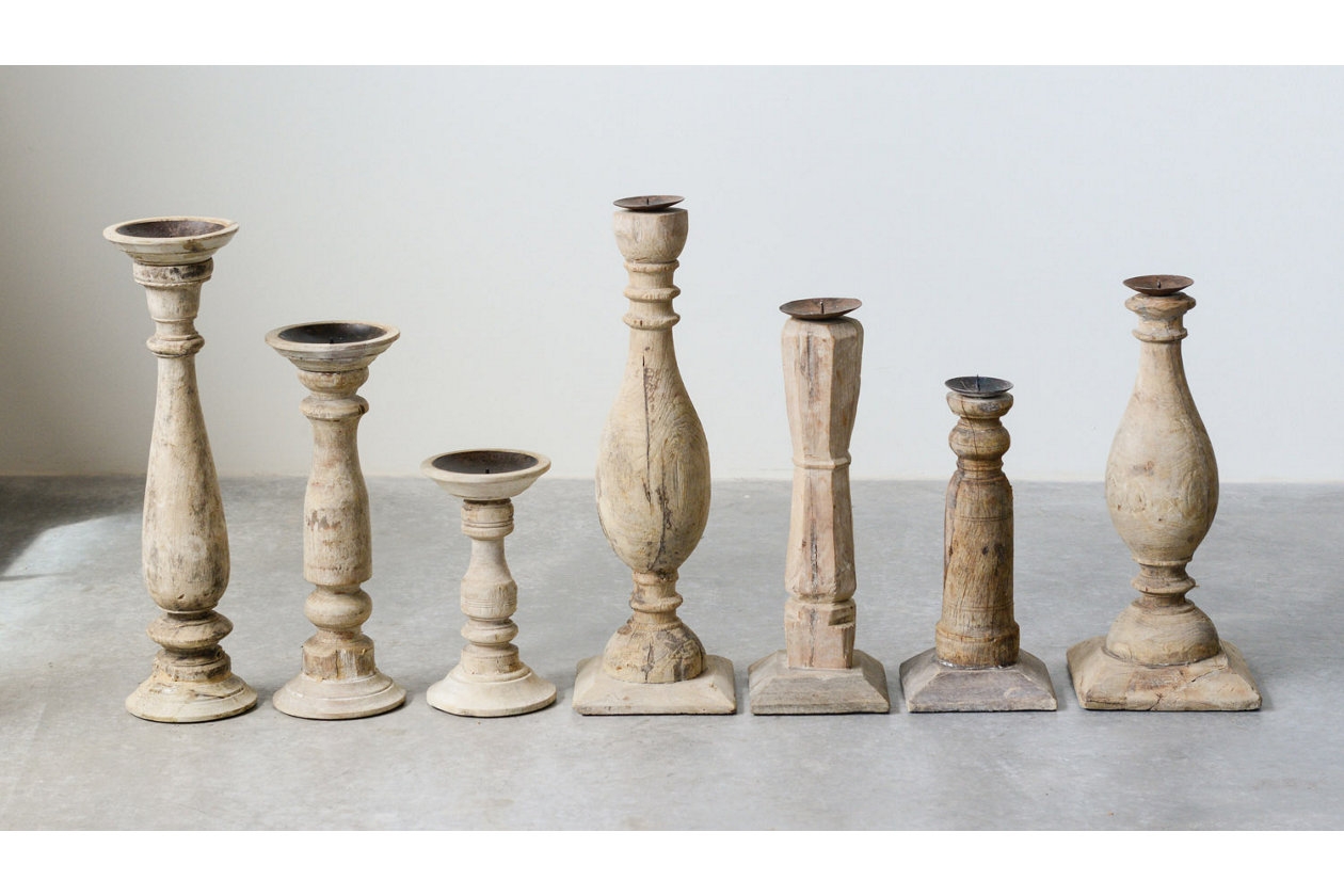 Set of 6 Different Found Wood & Metal Candleholders - Image 4
