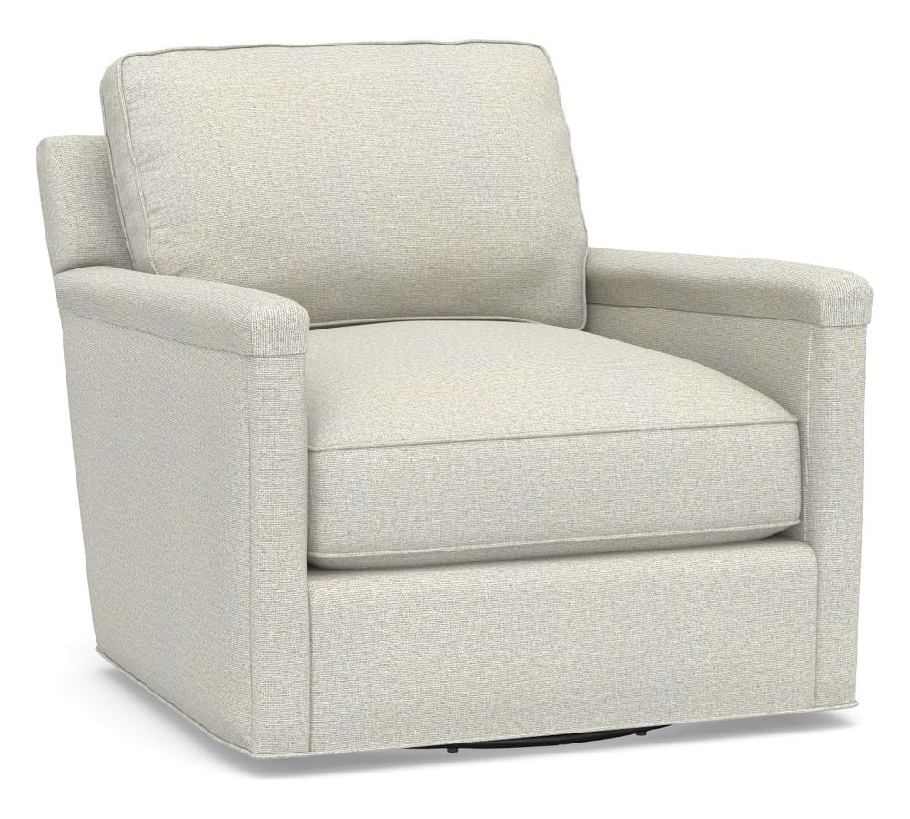 Tyler Square Arm Upholstered Swivel Armchair, Down Blend Wrapped Cushions, Performance Heathered Basketweave Dove - Image 0