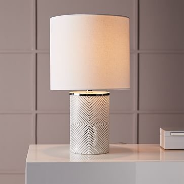 Deco Glass Table Lamp, Short, Silver/White Linen - Image 3