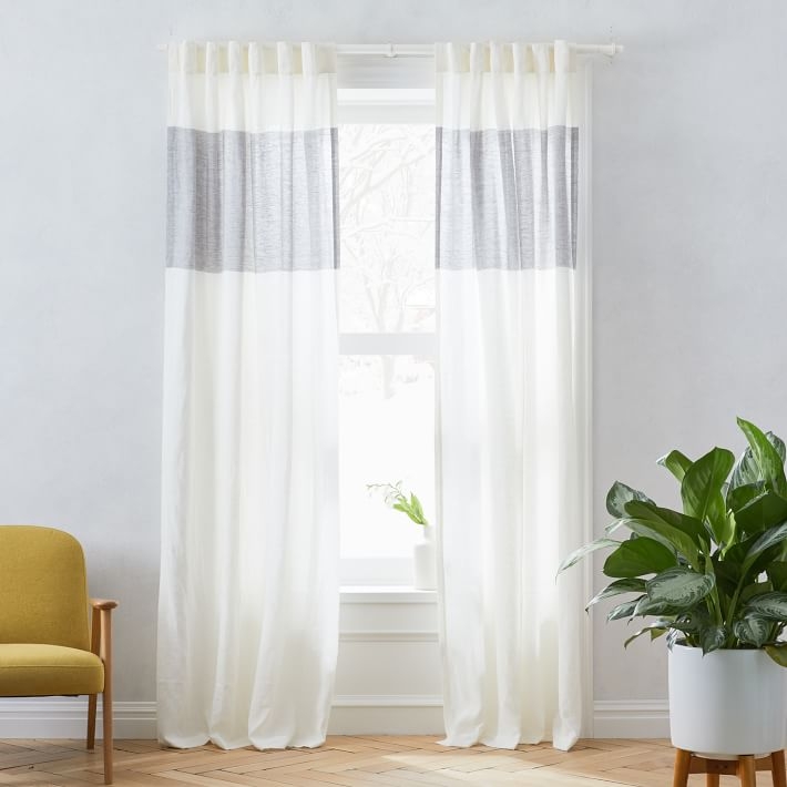 Belgian Flax Linen Contrast Stripe Curtain, Stone White & Slate, 48"x96" - Image 0