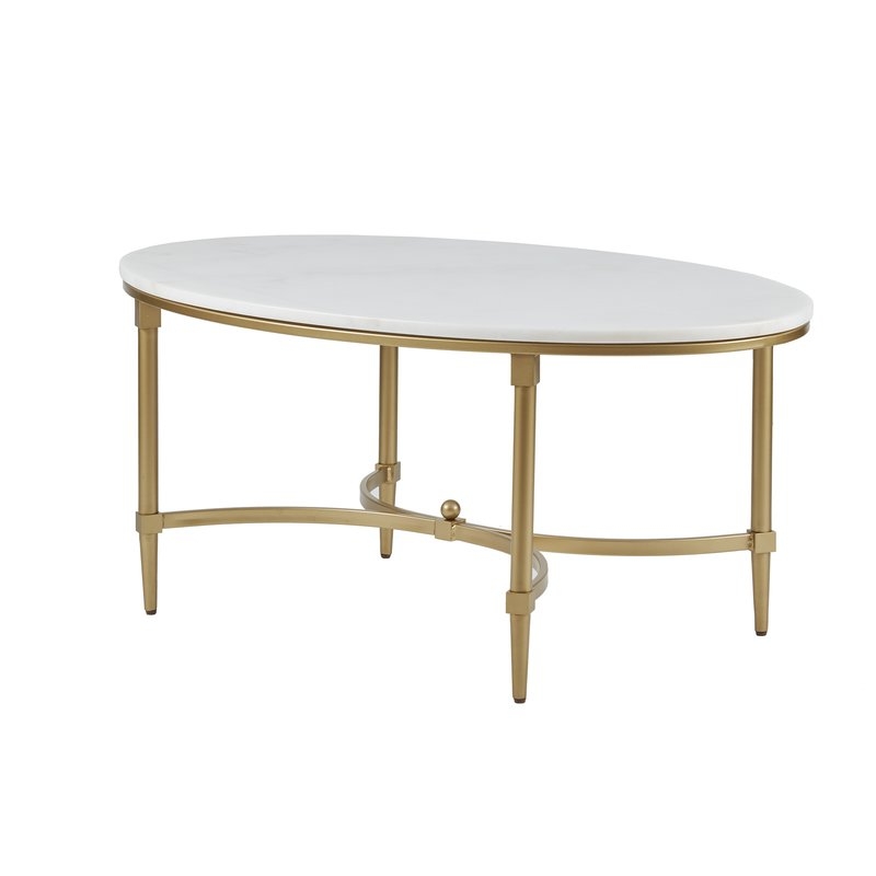 Madison Park Signature Bordeaux Goldtone Metal Oval Coffee Table with White Marble Top - Image 0