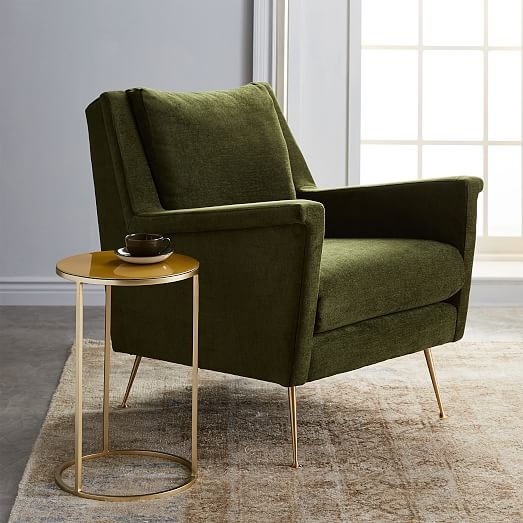 Carlo Mid-Century Chair, Poly, Distressed Velvet, Olive, Brass UPS - Image 5