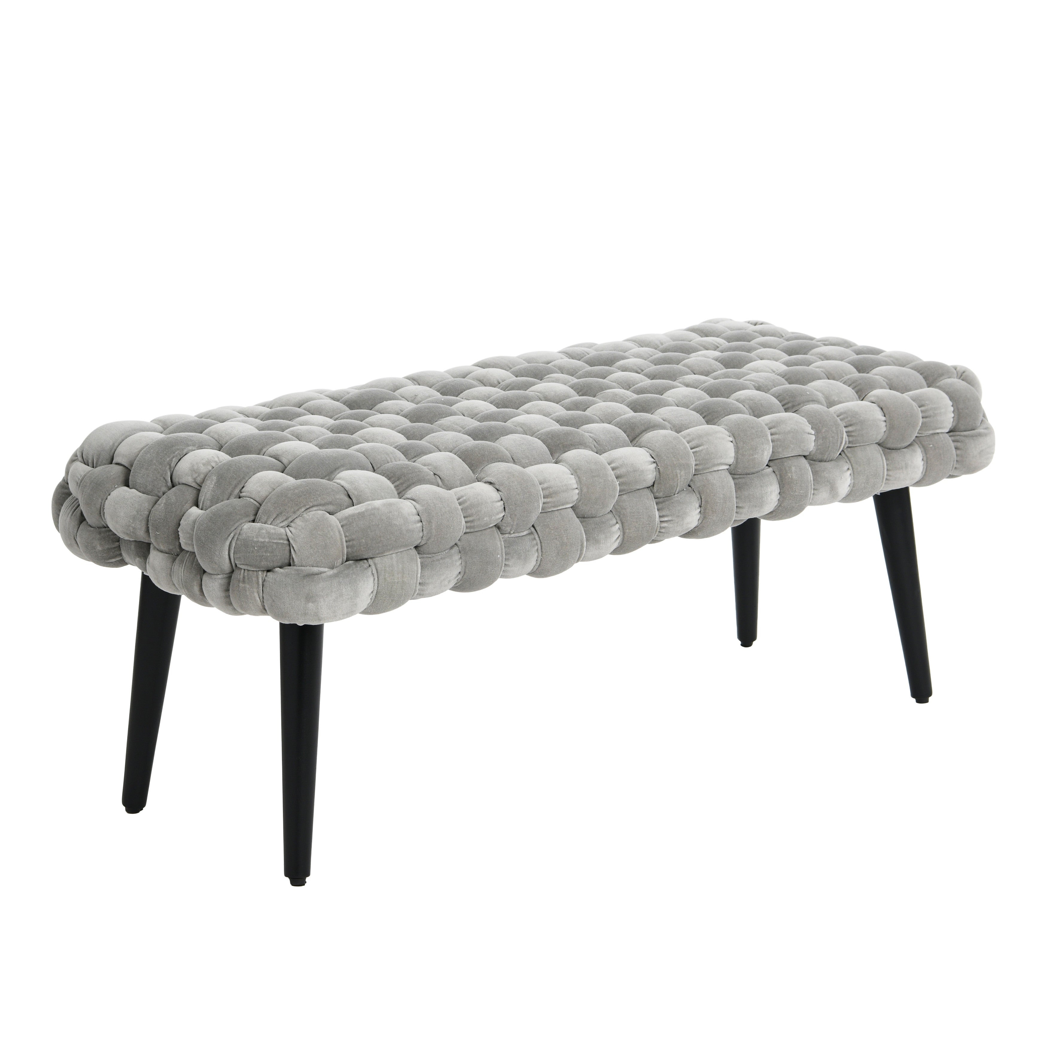 Chunky Woven Velvet Bench with Solid Wood Legs for Modern Boho Entryway, Bedroom, or Living Room Furniture, Gray & Black - Image 0