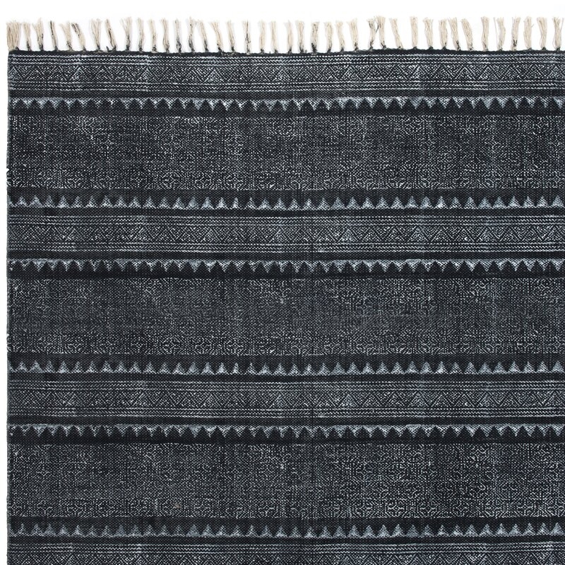 Astin Block Print Hand Woven Cotton Black/Denim Area Rug - Image 1