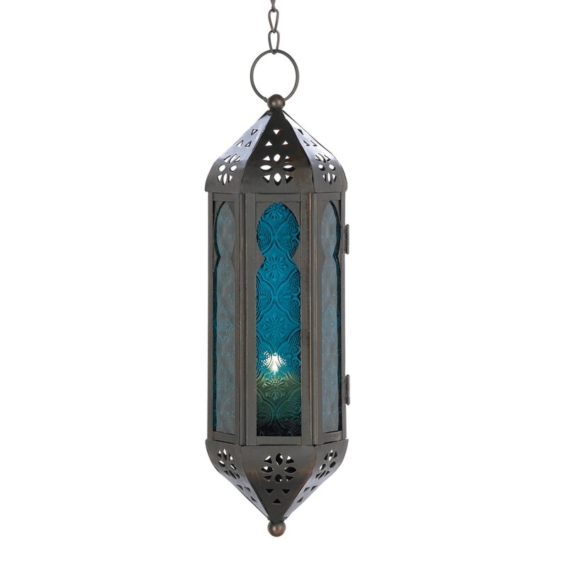 Cobalt Cathedral Hanging Glass and Metal Lantern - Image 0