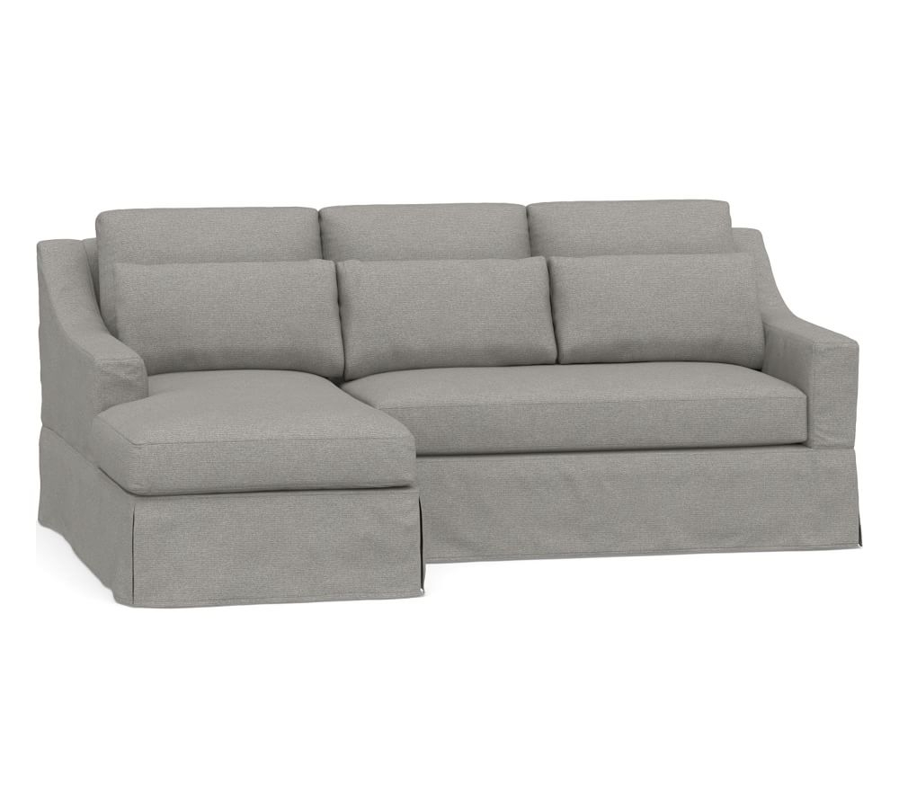 York Slope Arm Slipcovered Deep Seat Right Arm Loveseat with Chaise Sectional with Bench Cushion, Down Blend Wrapped Cushions, Performance Heathered Basketweave Platinum - Image 0