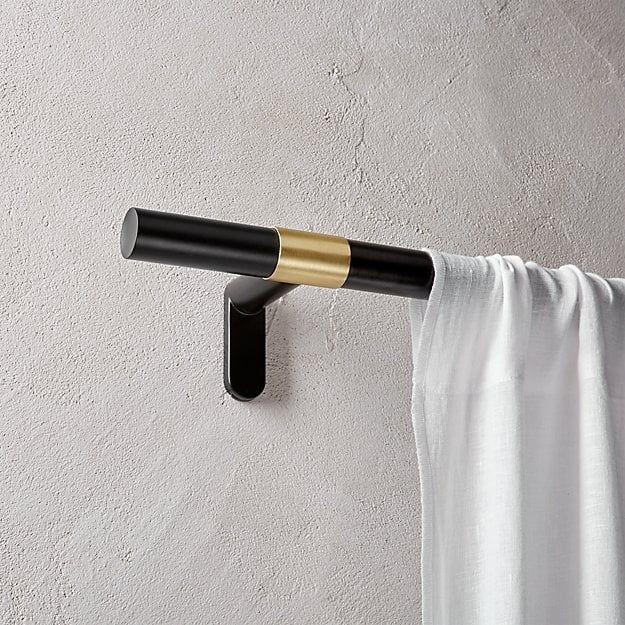 SEAMLESS BLACK WITH BRASS BAND CURTAIN ROD SET 88"-120"X1"DIA. - Image 0